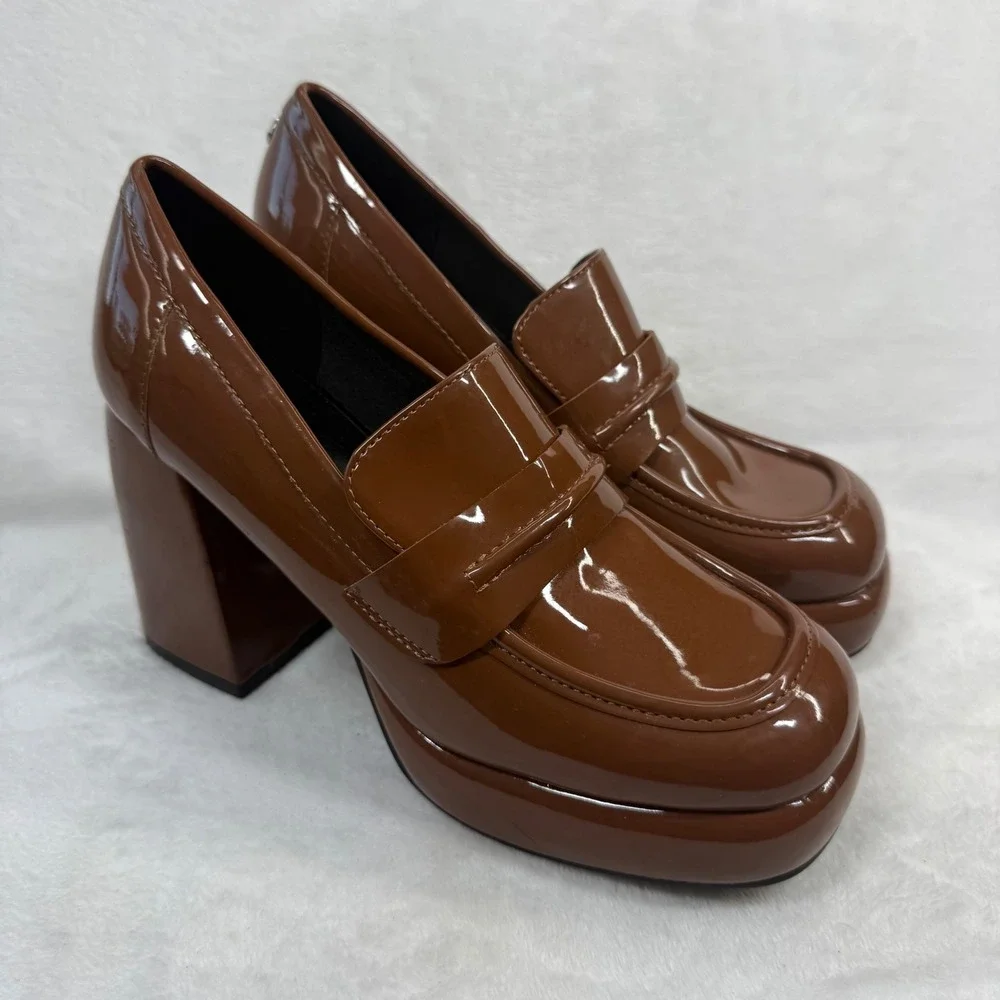 Nine West Brown Patent‎ Leather Chunky Platform Penny Loafer Heels Square Toe 6